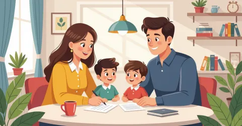 Phụ huynh đang trò chuyện nhẹ nhàng với con tuổi teen trong phòng khách hiện đại tại Nhật Bản