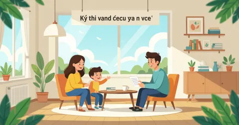 Minh họa phụ huynh nước ngoài cùng con xem bảng điểm tiểu học Nhật Bản trong phòng khách sáng sủả