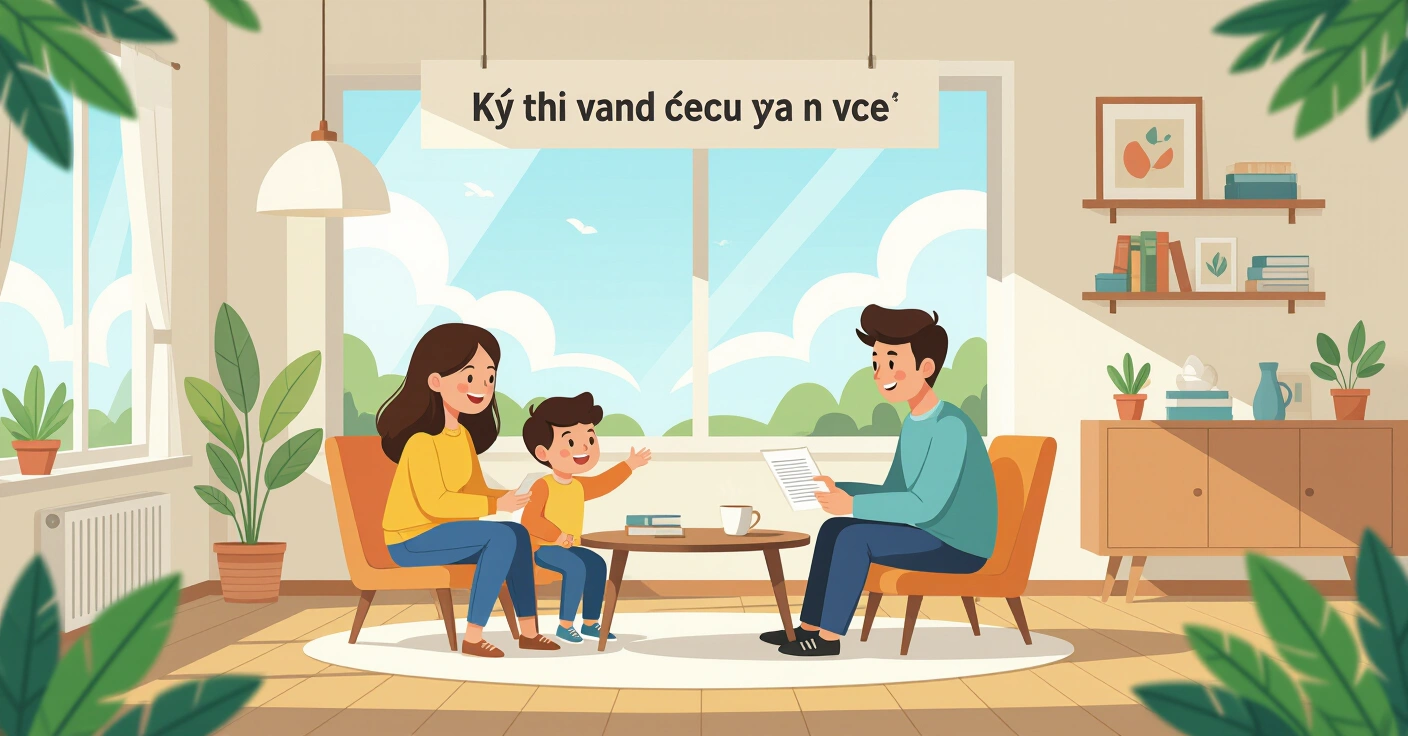 Minh họa phụ huynh nước ngoài cùng con xem bảng điểm tiểu học Nhật Bản trong phòng khách sáng sủả