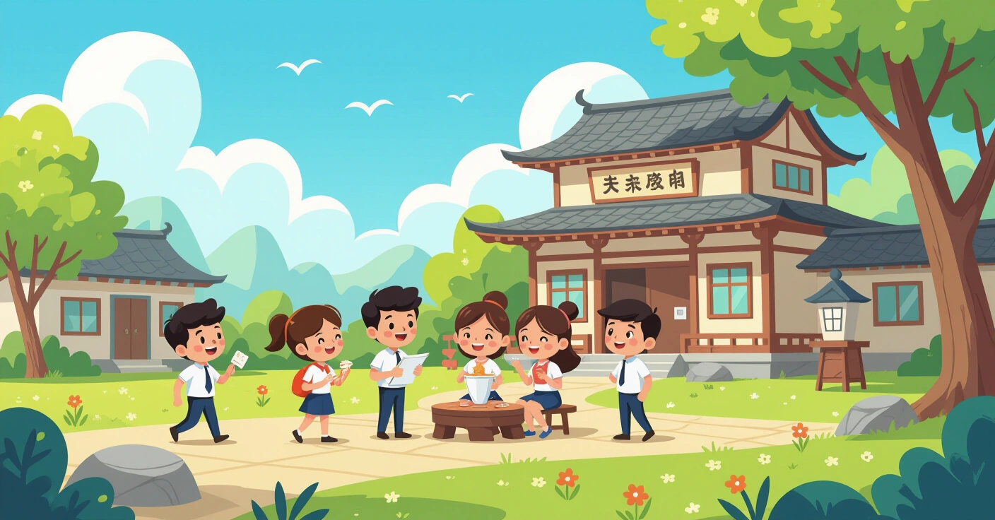 Minh họa trẻ em đa văn hóa tham gia câu lạc bộ thể thao trong nhà thi đấu trường tiểu học Nhật Bản, phong cách vector hiện đại