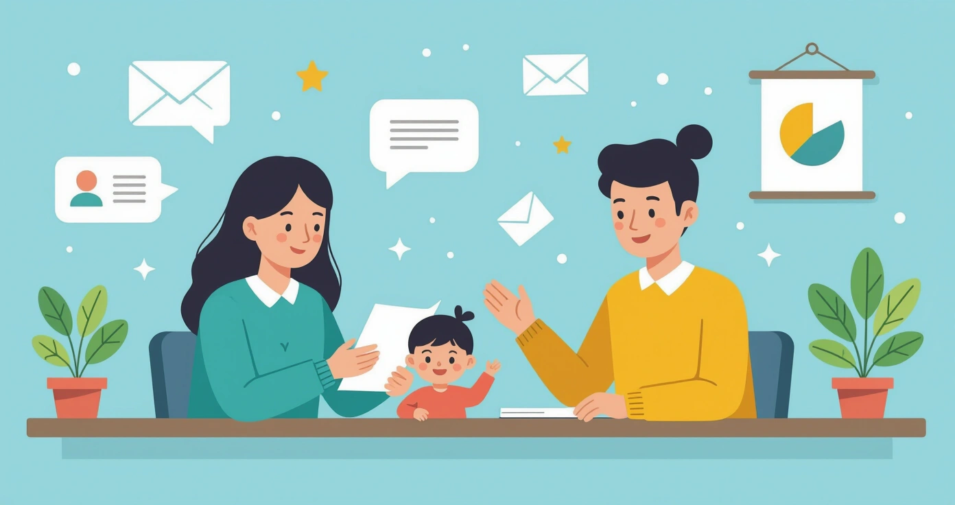 Minh họa quy trình nộp đơn: bàn làm việc với hồ sơ, con dấu, và máy tính tại tòa thị chính Nhật Bản