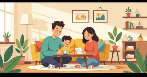 Minh họa người mẹ đơn thân ngồi bên cửa sổ cùng con chơi đùa trong căn hộ Nhật Bản hiện đại, ánh sáng dịu nhẹ