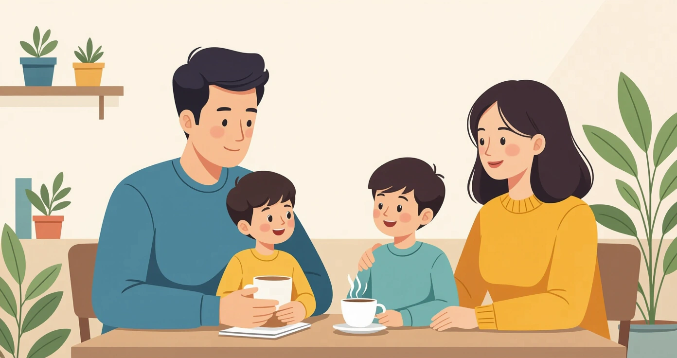Người mẹ đơn thân ngồi bên cửa sổ với đứa trẻ trong căn hộ Nhật Bản hiện đại, phong cách minh họa phẳng