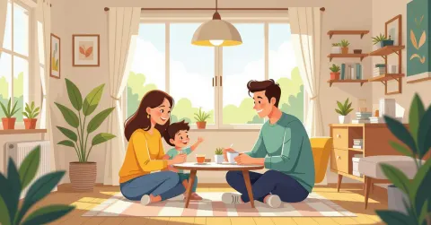 Minh họa người mẹ đơn thân nước ngoài ngồi bên cửa sổ căn hộ Nhật Bản, ánh sáng chiều nhẹ nhàng, con đang ngủ yên bên cạnh