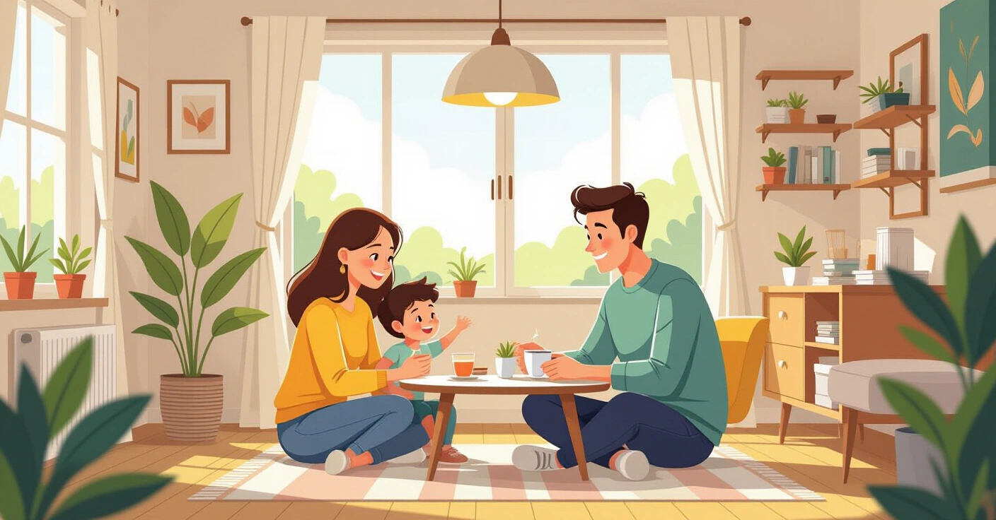 Minh họa người mẹ đơn thân nước ngoài ngồi bên cửa sổ căn hộ Nhật Bản, ánh sáng chiều nhẹ nhàng, con đang ngủ yên bên cạnh