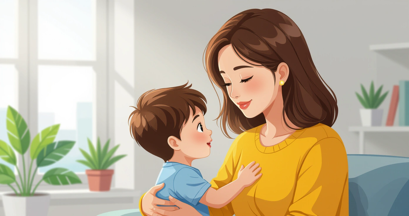 Người mẹ đang nhìn vào điện thoại với biểu tượng ứng dụng tư vấn tâm lý, phong cảnh thành phố Nhật Bản phía sau