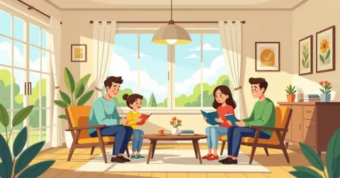 Mẹ đơn thân người nước ngoài đang đọc tài liệu trợ cấp tại bàn làm việc trong căn hộ Nhật Bản, bên cạnh là con nhỏ đang vẽ tranh