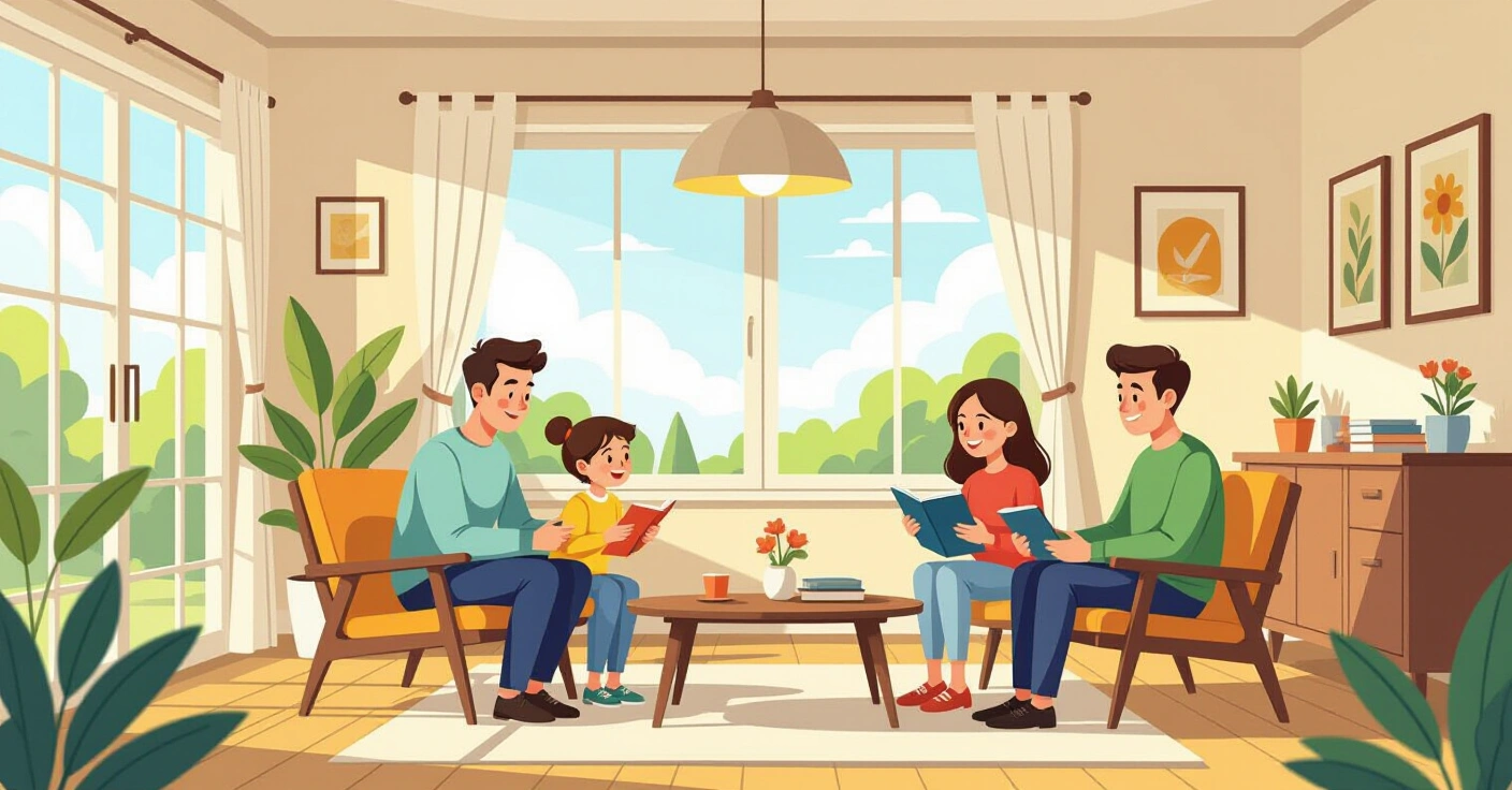 Mẹ đơn thân người nước ngoài đang đọc tài liệu trợ cấp tại bàn làm việc trong căn hộ Nhật Bản, bên cạnh là con nhỏ đang vẽ tranh