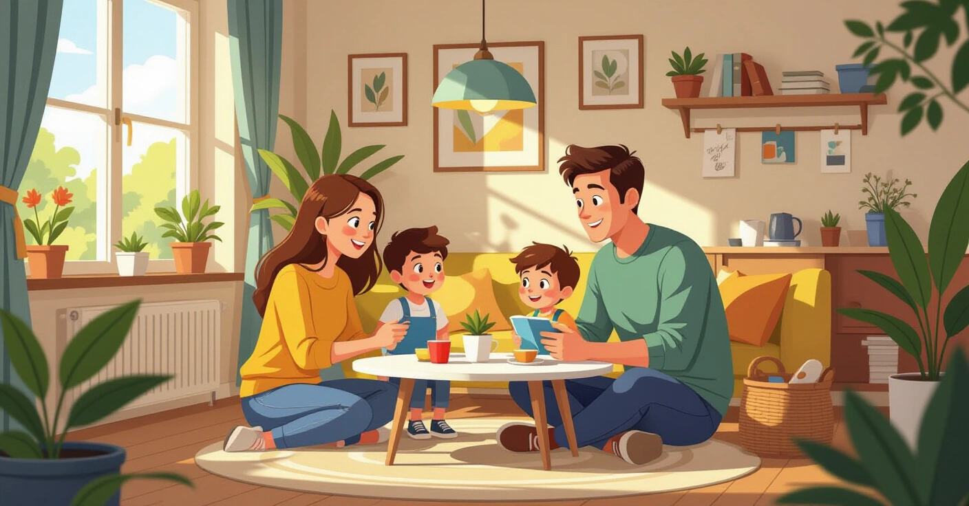 Minh họa nhóm cha mẹ đơn thân đa văn hóa ngồi thành vòng tròn trò chuyện trong phòng sinh hoạt cộng đồng tại Nhật Bản