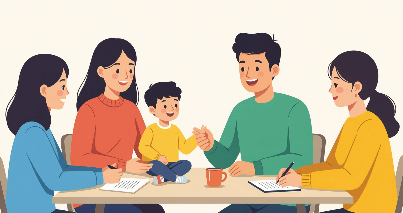 Phụ huynh nước ngoài đang trao đổi với nhân viên văn phòng quận về các dịch vụ hỗ trợ gia đình đơn thân