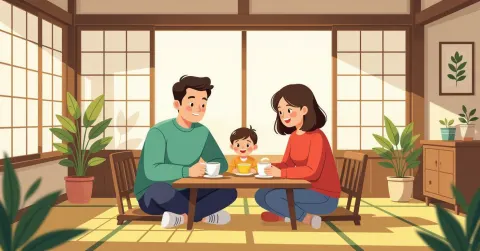 Một người mẹ đơn thân đang chơi cùng con trong căn hộ hiện đại tại Nhật Bản, ánh sáng tự nhiên chiếu qua cửa sổ