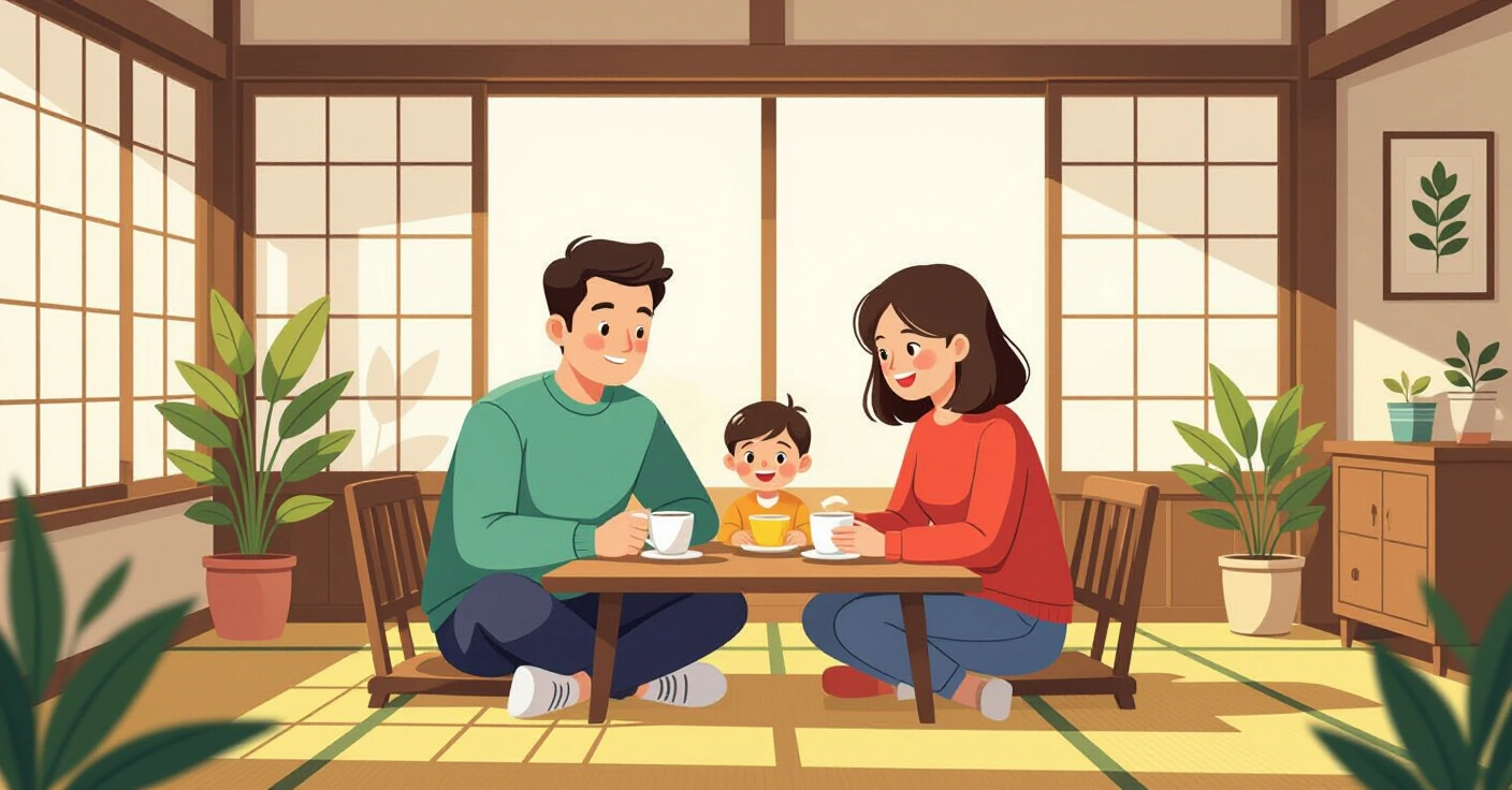 Mẹ đơn thân đang làm việc bán thởi gian tại cửa hàng tiện lợi Nhật Bản, phong cách minh họa editorial hiện đại