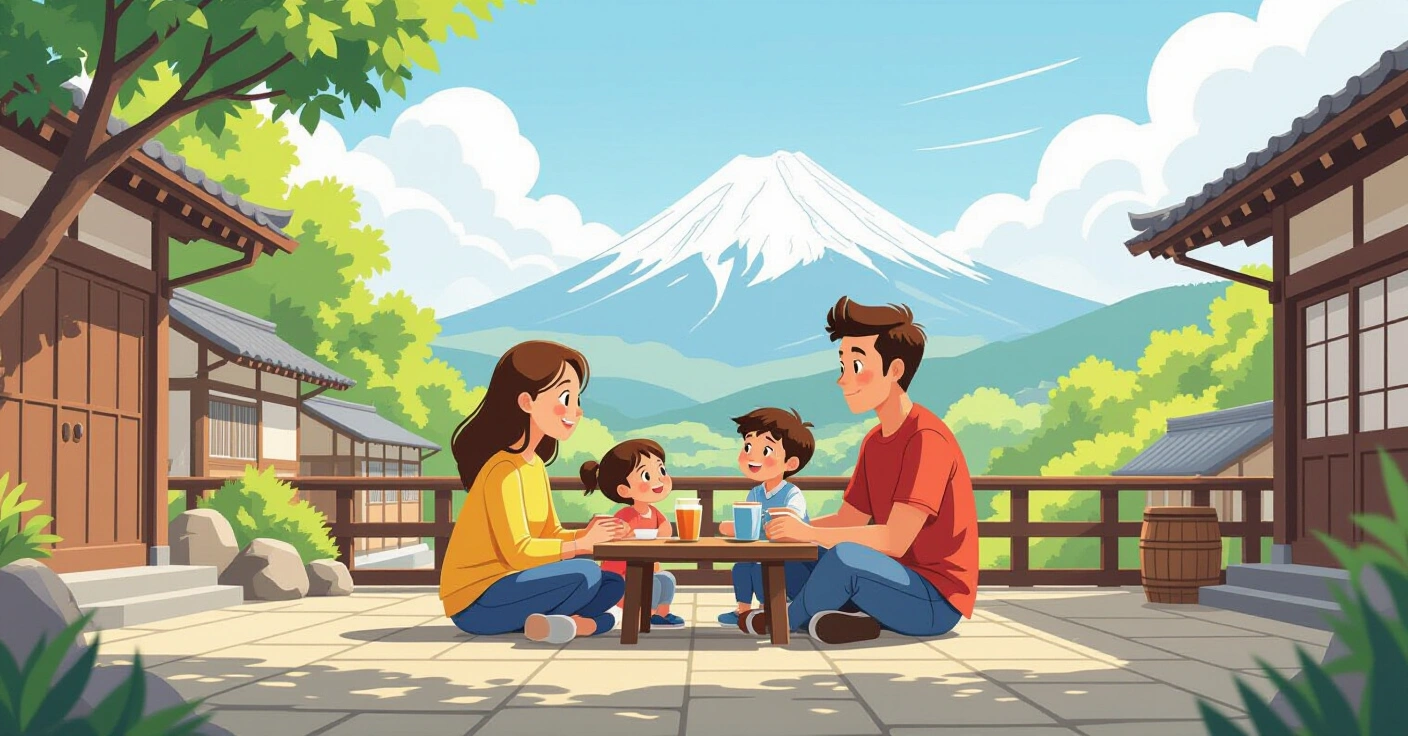 Gia đình đa văn hóa có trẻ nhỏ trong ngôi nhà hiện đại tại Nhật Bản