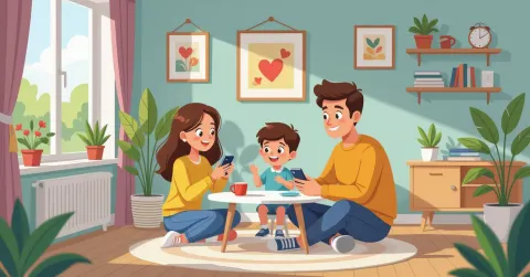 Gia đình đa văn hóa cùng ăn tối và trò chuyện trong phòng khách kiểu Nhật không có thiết bị điện tử