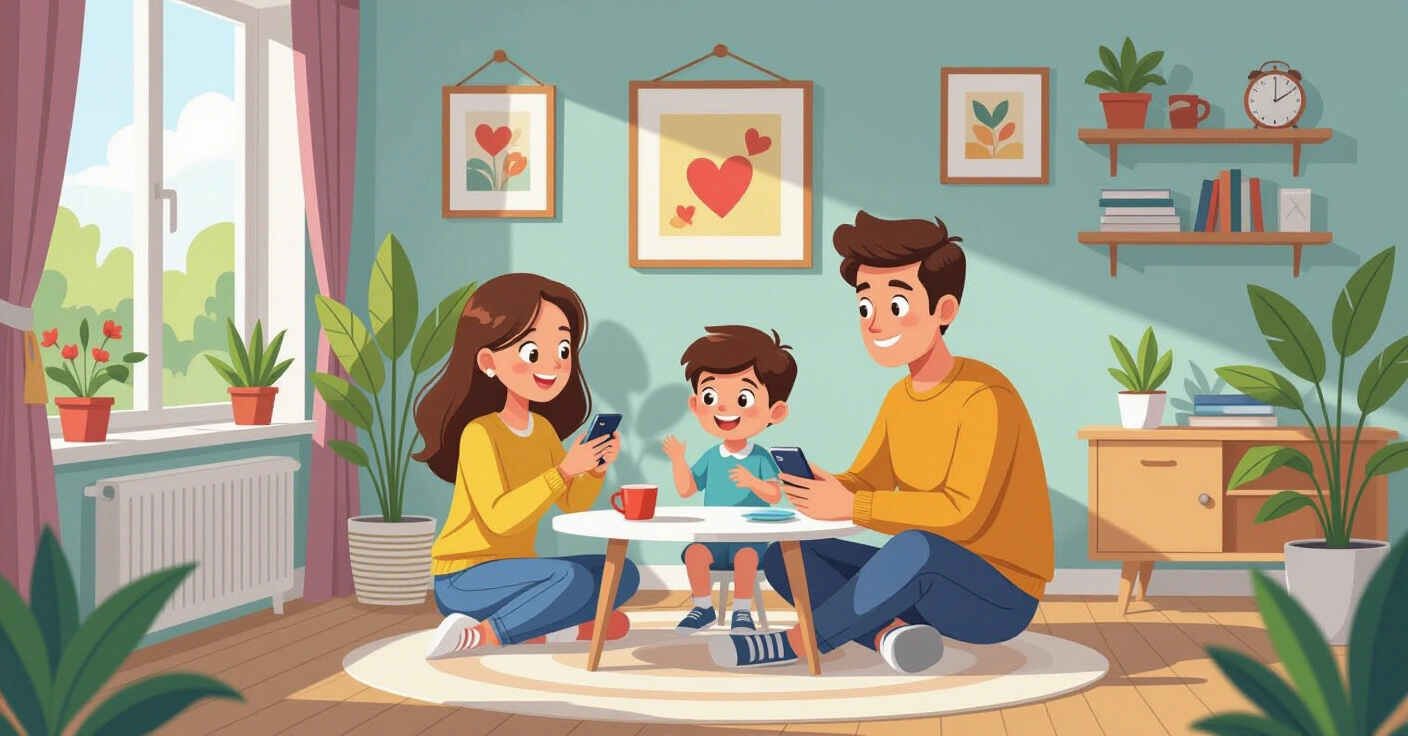 Cha mẹ người nước ngoài hướng dẫn trẻ sử dụng điện thoại thông minh trong phòng khách hiện đại tại Nhật Bản
