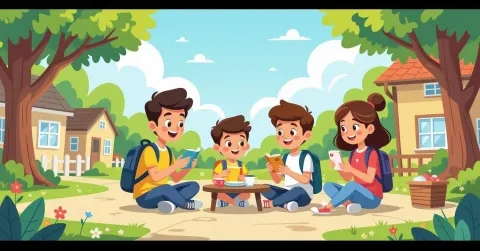 Minh họa cha mẹ đang trò chuyện với thiếu niên cầm điện thoại trong phòng khách Nhật Bản hiện đại
