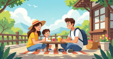 Một bà mẹ đơn thân cùng hai con nhỏ tại nhà ga Nhật Bản, phong cách minh họa hiện đại