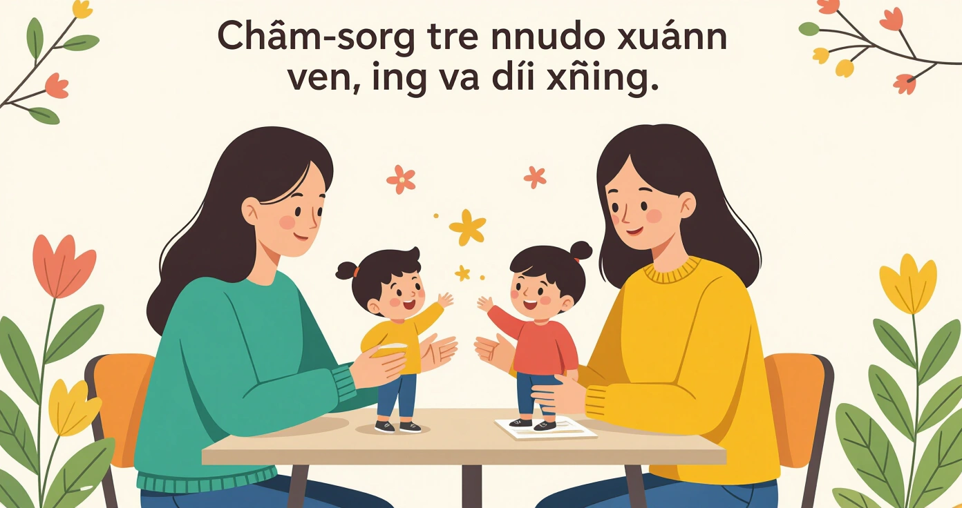 Minh họa thói quen buổi sáng: mẹ giúp trẻ rửa mũi và đeo khẩu trang trước khi ra ngoài mùa xuân