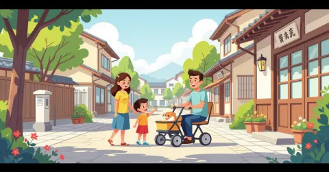 Bố mẹ nước ngoài địu con tại ga tàu điện Nhật Bản, minh họa phong cách hiện đại