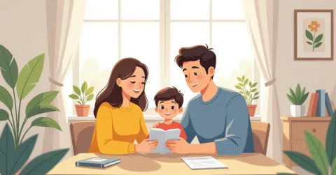 Gia đình đa văn hóa xem tài liệu bảo hiểm y tế trong phòng khách hiện đại tại Nhật Bản