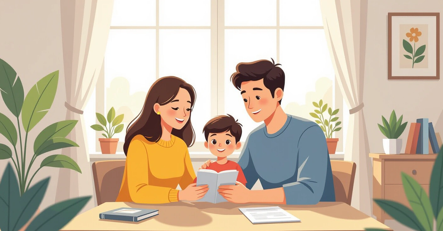 Gia đình đa văn hóa xem tài liệu bảo hiểm y tế trong phòng khách hiện đại tại Nhật Bản