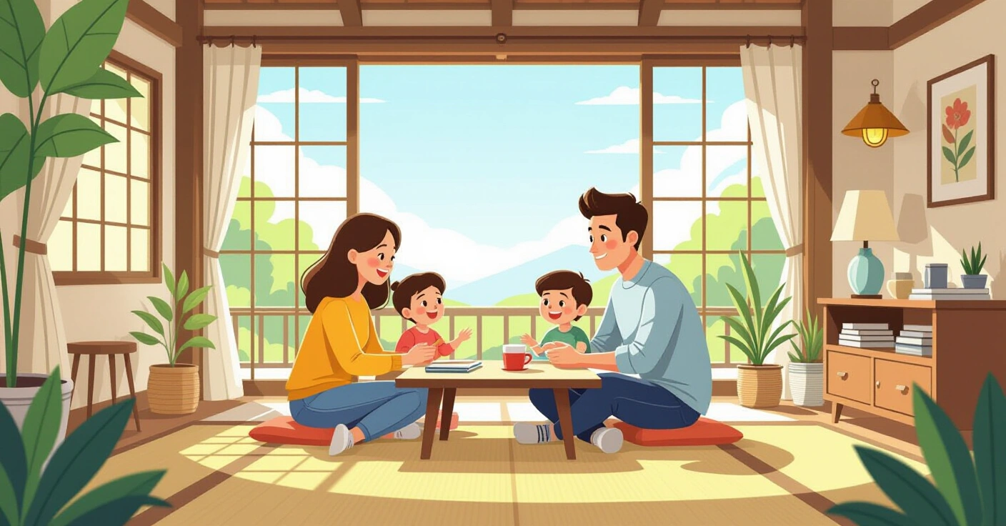 Các gia đình đa văn hóa cùng trẻ em vui chơi trong công viên Nhật Bản vào buổi chiều