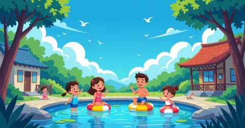 Trẻ em đang học bơi trong bể bơi trong nhà tại Nhật Bản với huấn luyện viên