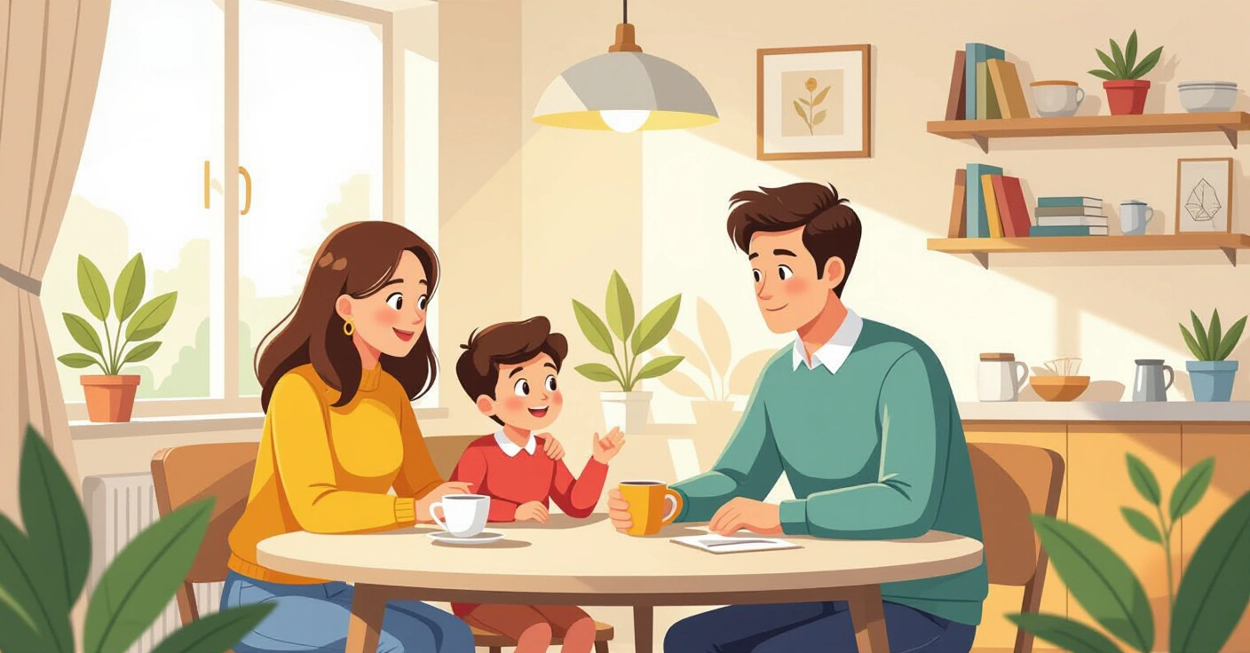 Minh họa cha mẹ và con cái trò chuyện cởi mở trong phòng khách Nhật Bản