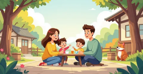 Cha mẹ Việt đang dạy con xin lỗi trong phòng khách kiểu Nhật