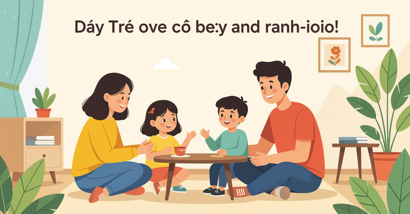 Cha mẹ nước ngoài đang trò chuyện nhẹ nhàng với con về an toàn cơ thể trong ngôi nhà sáng sủ tại Nhật Bản