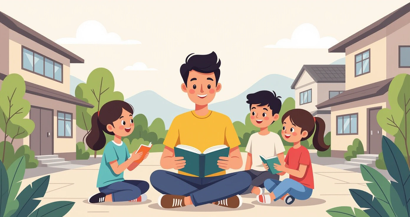 Trẻ em đang học cách chỉ vào bộ phận cơ thể trên hình vẽ đơn giản trong lớp học mầm non Nhật Bản
