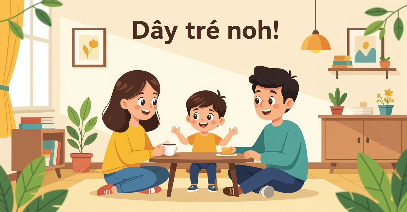 Minh họa cha mẹ người nước ngoài đang dạy con từ chối lịch sự trong môi trường Nhật Bản