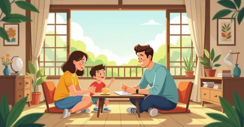 Gia đình đa văn hóa cùng trẻ em dọn dẹp trong căn nhà Nhật Bản sáng sủA với tatami và shoji
