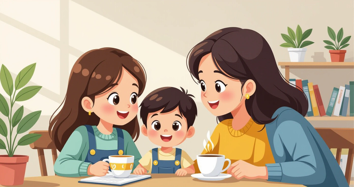 Minh họa trẻ em tập cúi chào ojigi cùng cha mẹ trong phòng khách Nhật Bản