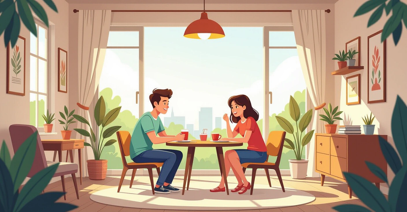 Minh họa cha mẹ ngồi trò chuyện cởi mở với con tuổi teen trong phòng khách Nhật Bản hiện đại, phong cách flat vector thân thiện