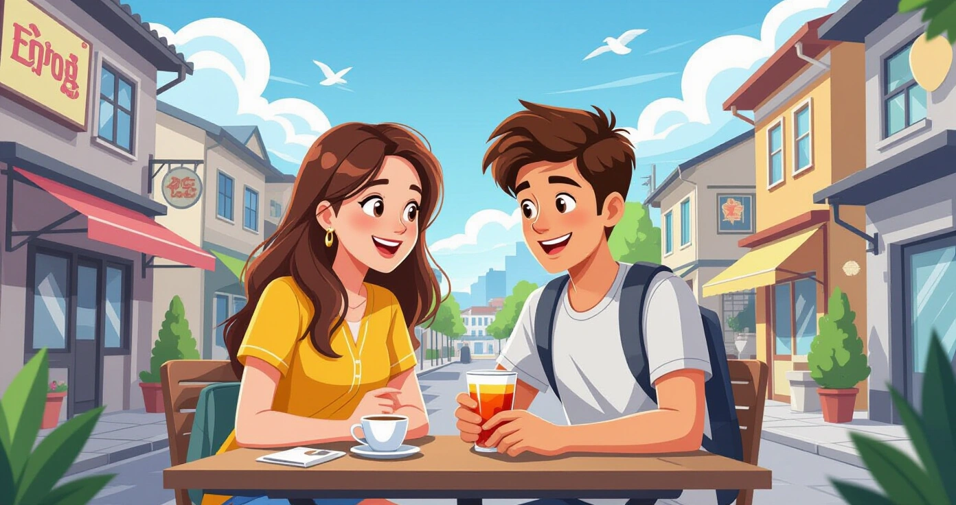 Hai thanh thiếu niên trò chuyện vui vẻ trong công viên với hoa anh đào nở, phong cách minh họa flat vector