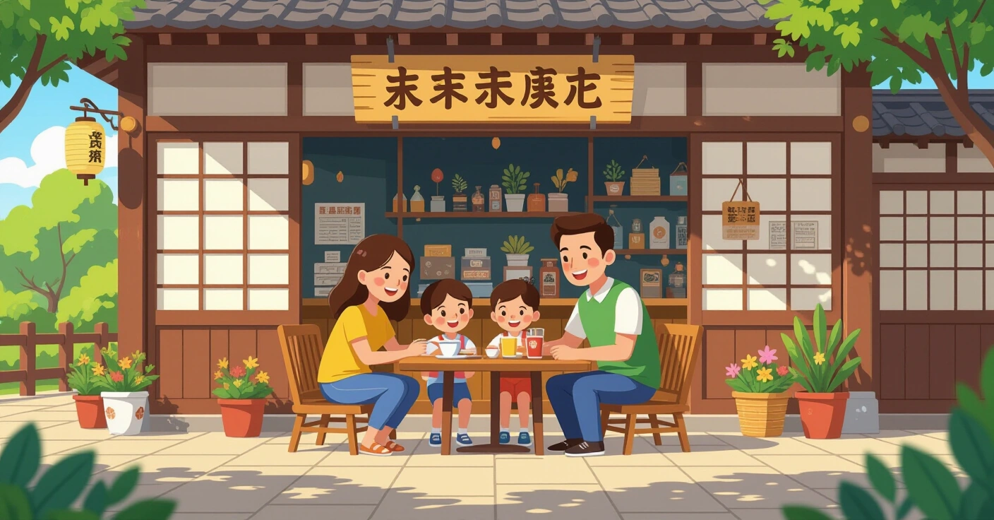 Minh họa gia đình đa văn hóa ba thế hệ sống vui vẻ trong ngôi nhà Nhật Bản hiện đại