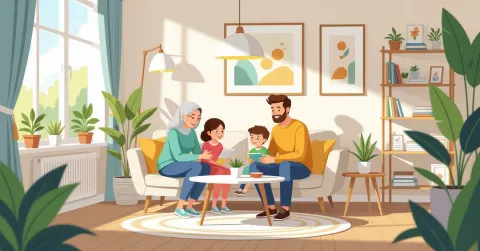 Minh họa gia đình đa văn hóa hạnh phúc với trẻ nhỏ trong ngôi nhà Nhật Bản hiện đại, cha mẹ sắp xếp lịch trình và cùng chơi với con