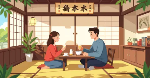 Gia đình đa văn hóa cùng trẻ em thưởng thức wagashi và mochi truyền thống Nhật Bản trong căn nhà sáng sủ ấm cúng