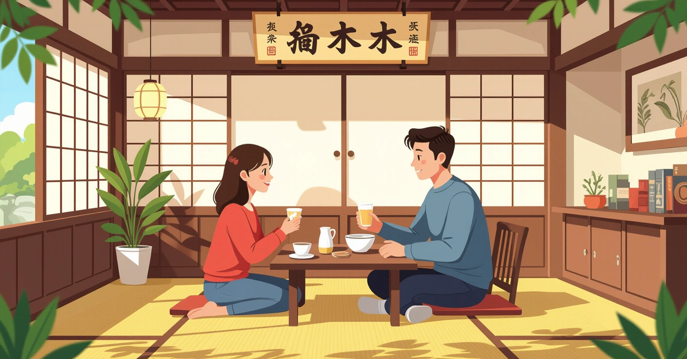 Gia đình đa văn hóa cùng trẻ em thưởng thức wagashi và mochi truyền thống Nhật Bản trong căn nhà sáng sủ ấm cúng