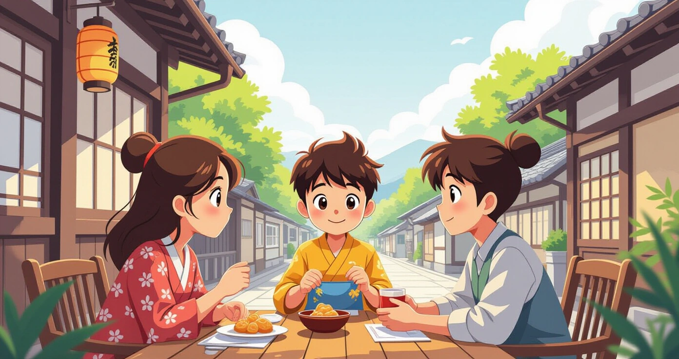 Minh họa 6 trò chơi dân gian Nhật Bản được sắp xếp xung quanh bàn gỗ