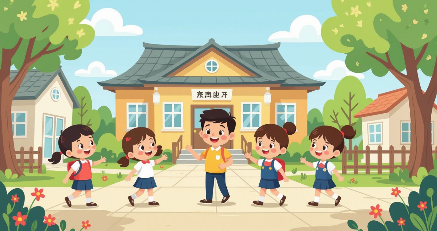 Minh họa bé vui vẻ chơi cùng bạn bè tại sân yochien sau khi chuyển trường