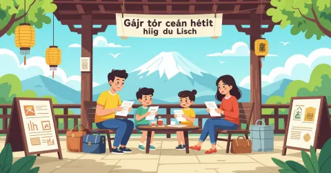 Minh họa người mẹ Việt Nam kiểm tra giấy tờ du lịch cùng con nhỏ tại sân bay Nhật Bản