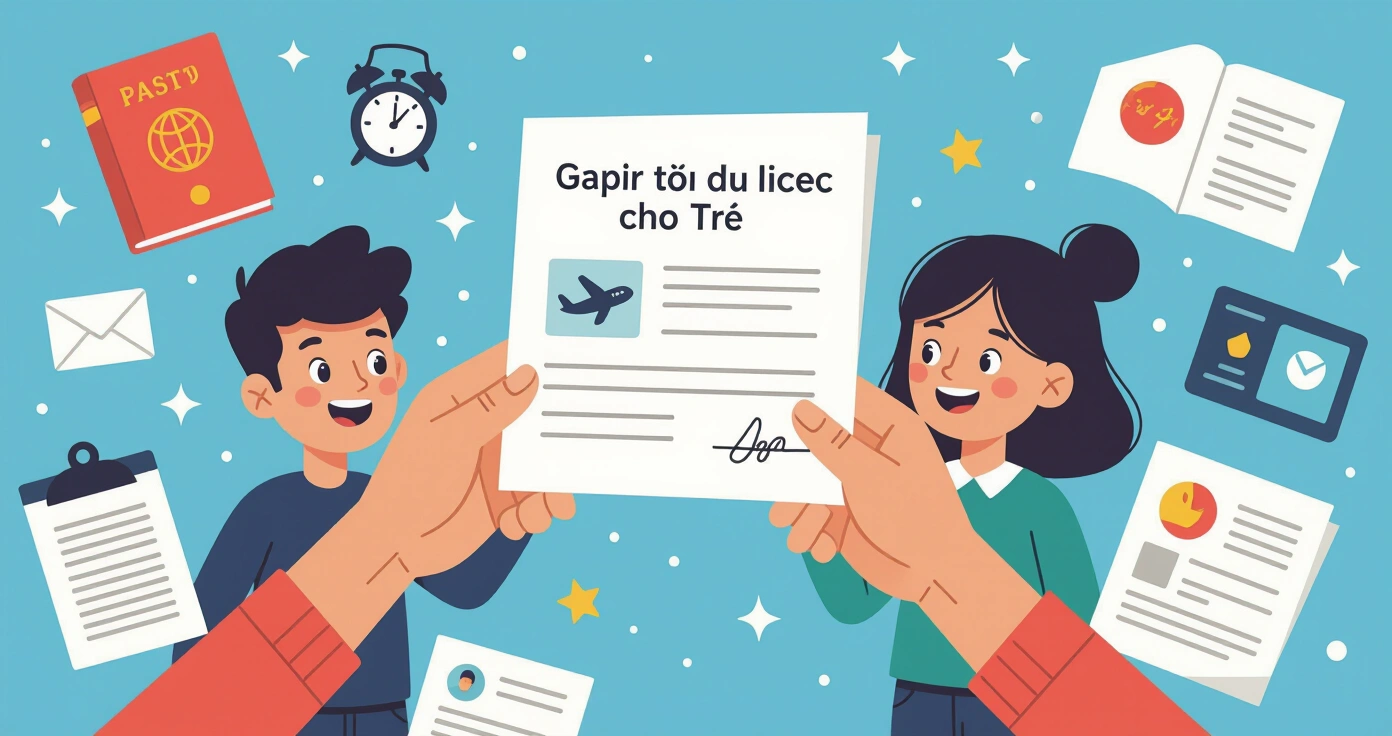 Cha mẹ đang kiểm tra hộ chiếu và vé máy bay cho con tại nhà trước ngày khởi hành