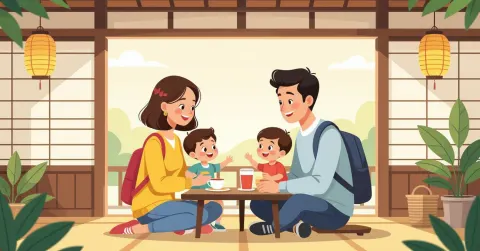 Gia đình đa văn hóa với trẻ sơ sinh tại ga tàu Shinkansen Nhật Bản, minh họa editorial hiện đại
