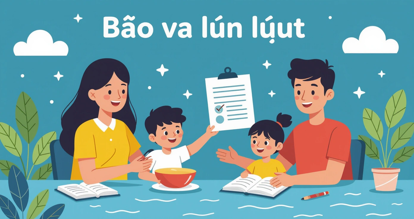 Gia đình kiểm tra bản đồ nguy hiểm trên máy tính bảng trong phòng khách Nhật Bản