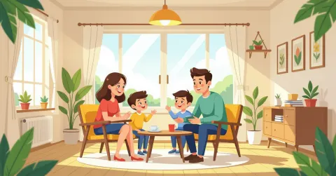 Cha mẹ nước ngoài đang sử dụng máy tính bảng tìm kiếm thông tin nuôi con trong phòng khách hiện đại tại Nhật Bản