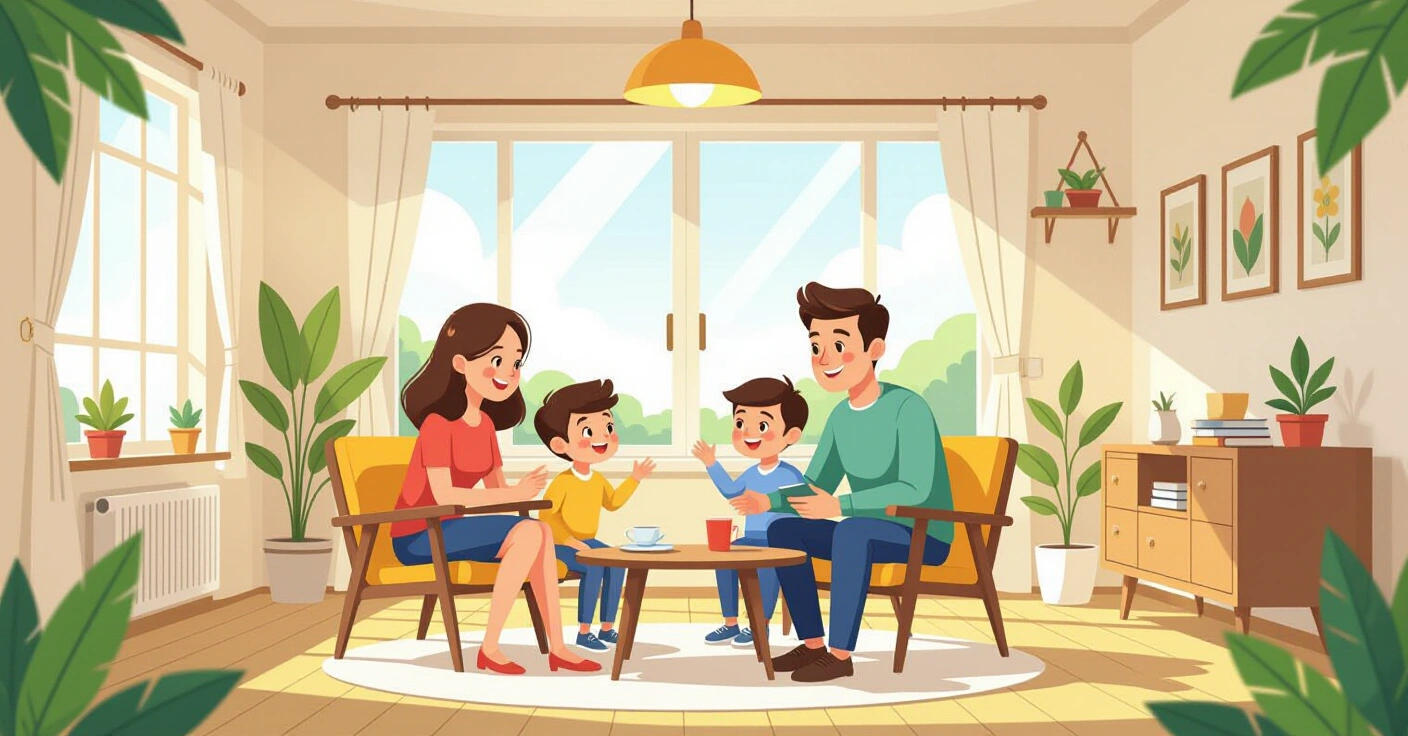 Cha mẹ nước ngoài đang sử dụng máy tính bảng tìm kiếm thông tin nuôi con trong phòng khách hiện đại tại Nhật Bản