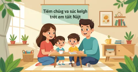 Minh họa người mẹ đưa trẻ đi tiêm chủng tại phòng khám nhi khoa Nhật Bản
