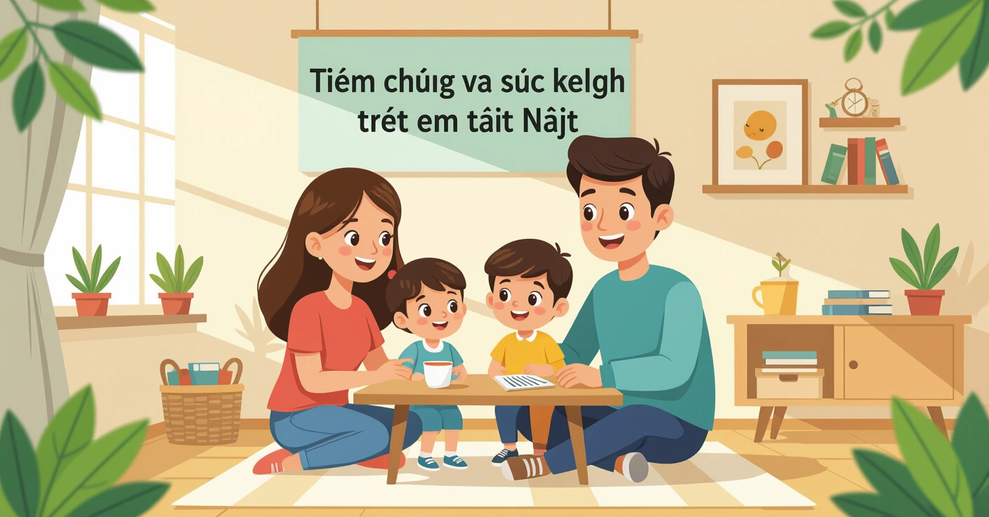 Minh họa người mẹ đưa trẻ đi tiêm chủng tại phòng khám nhi khoa Nhật Bản
